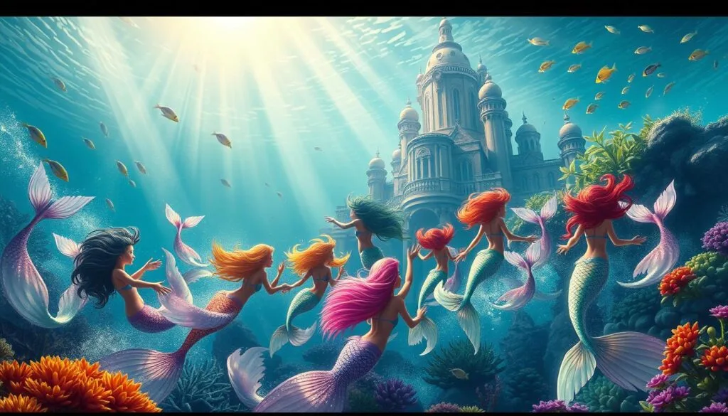 A vibrant, fantastical ocean scene featuring alternative versions of the classic mermaid character "La Sirenita". In the foreground, an array of mystical, multicolored mer-beings gracefully swim through the azure waters, their tails shimmering with ethereal scales. Mist and sunbeams filter through the waves, casting a dreamlike, enchanted atmosphere. In the middle ground, a towering, fantastical underwater palace dominates the scene, its architecture a blend of classical and otherworldly elements. Kelp forests and schools of tropical fish populate the background, hinting at the rich, diverse ecosystem of this imaginary ocean world. The overall mood is one of wonder, whimsy and a sense of magical realism, inviting the viewer to immerse themselves in this reimagined vision of "La Sirenita".