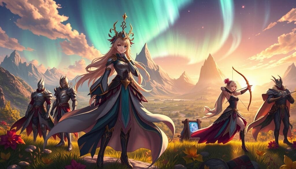 A vibrant fantasy realm where beloved Genshin Impact characters don striking alternative designs. In the foreground, a powerful sorceress stands tall, her flowing robes and intricate headpiece captivating the eye. Surrounding her, a group of companions each embodying a unique style - a noble knight in gleaming armor, a nimble archer with a bow drawn, a mysterious mage conjuring arcane energies. The middle ground features a lush, otherworldly landscape, with towering mountains, fantastical flora, and a shimmering aurora filling the sky. Warm, dramatic lighting casts dramatic shadows, imbuing the scene with a sense of mystery and adventure. The overall mood is one of wonder and possibility, inviting the viewer to imagine the stories and adventures that could unfold within this captivating alternate reality.