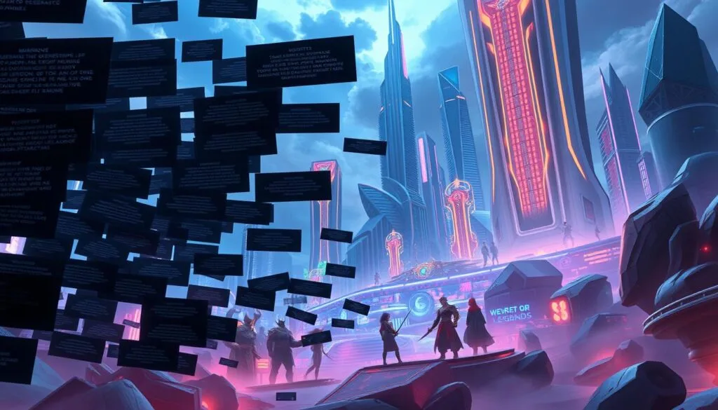 A vibrant, futuristic landscape depicting the world of League of Legends. In the foreground, an array of complex textual prompts, each a distinct element in a visually striking composition. The prompts appear to float and interact, hinting at the depth and nuance required to generate high-quality images of League of Legends characters, environments, and scenes. The middle ground features stylized renditions of iconic League of Legends champions, their dynamic poses and vivid color palettes suggesting the power and diversity of the game's roster. The background showcases a sleek, high-tech cityscape, with towering skyscrapers and glowing neon accents, creating a sense of the advanced technological realm that underpins the game's visual style. Lighting is dramatic, with bold contrasts and a cool, futuristic tone that reinforces the digital, AI-driven nature of the image creation process.