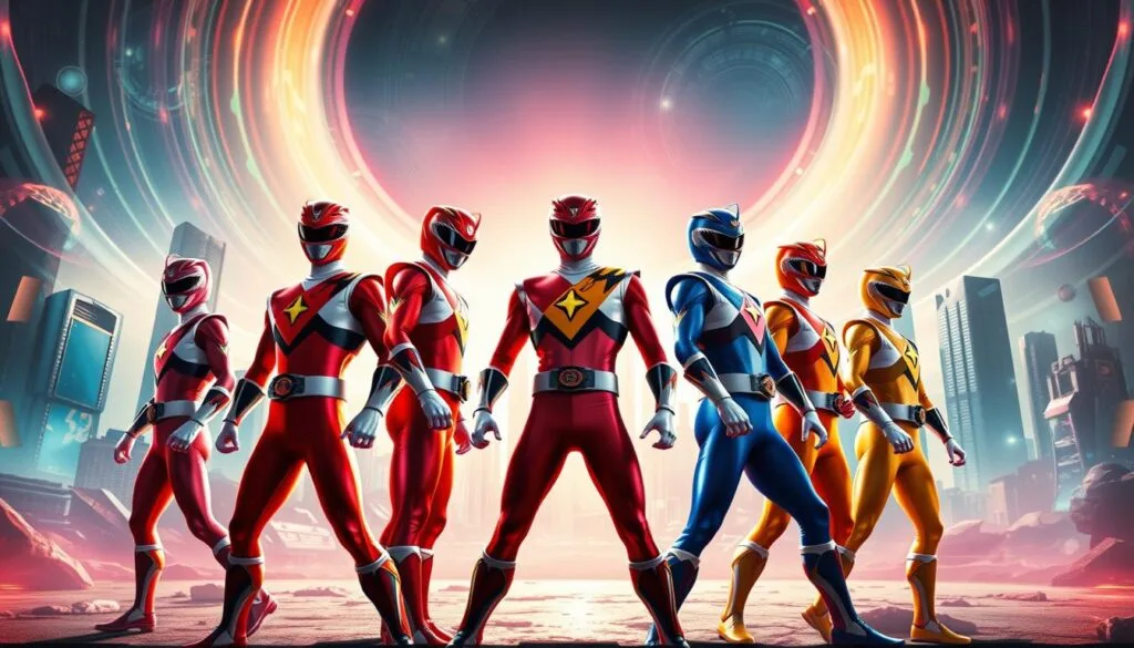 A vibrant, futuristic scene of the Power Rangers in a creative, reimagined style. In the foreground, the Rangers stand heroically, their iconic suits updated with sleek, angular designs and bold, dynamic colors. Their poses exude power and determination, as if ready to face any challenge. In the middle ground, a cityscape of towering skyscrapers and advanced technology creates a dynamic backdrop, hinting at the advanced, high-tech world they protect. The lighting is a mix of warm and cool tones, casting dramatic shadows and highlights that accentuate the Rangers' sculpted forms. In the background, swirling energy fields and abstract geometric patterns add a sense of mysticism and technological wonder, reflecting the Rangers' connection to an ancient legacy and futuristic abilities. The overall composition and mood convey a fresh, innovative take on the beloved Power Rangers franchise.