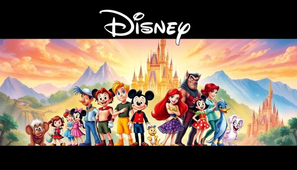 A vibrant, hand-drawn Disney movie poster featuring a lively cast of iconic characters from classic animated films. In the foreground, beloved Disney heroes and heroines stand tall, their expressions filled with wonder and adventure. The middle ground showcases colorful, stylized landscapes and backdrops reminiscent of enchanted forests, bustling cities, and whimsical dreamscapes. In the background, silhouettes of familiar Disney castles and landmarks add a sense of magical realism. The overall composition is bathed in a warm, golden glow, evoking a nostalgic, timeless quality. The artwork is rendered with intricate attention to detail, capturing the distinct artistic styles and visual storytelling techniques that define the Disney animation legacy.