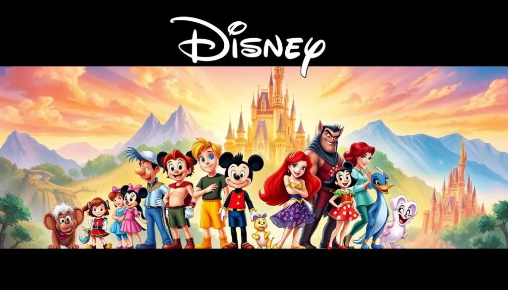 A vibrant, hand-drawn Disney movie poster featuring a lively cast of iconic characters from classic animated films. In the foreground, beloved Disney heroes and heroines stand tall, their expressions filled with wonder and adventure. The middle ground showcases colorful, stylized landscapes and backdrops reminiscent of enchanted forests, bustling cities, and whimsical dreamscapes. In the background, silhouettes of familiar Disney castles and landmarks add a sense of magical realism. The overall composition is bathed in a warm, golden glow, evoking a nostalgic, timeless quality. The artwork is rendered with intricate attention to detail, capturing the distinct artistic styles and visual storytelling techniques that define the Disney animation legacy.