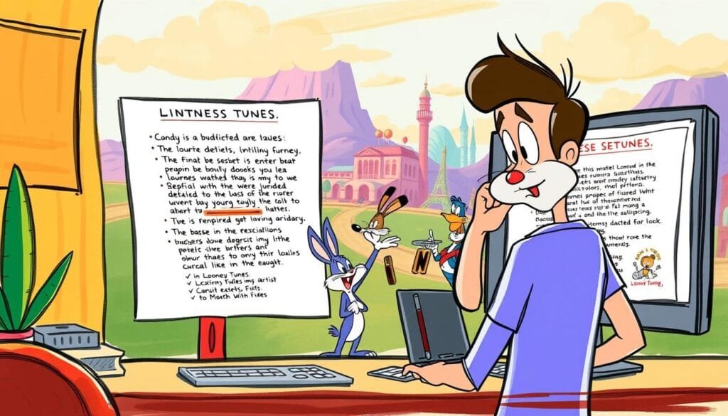A vibrant, hand-drawn style scene depicting common mistakes made when creating Looney Tunes inspired prompts for AI image generation. In the foreground, a confused artist scratches their head as they stare at a jumbled, overly detailed prompt on a computer screen. In the middle ground, various Looney Tunes character caricatures act out common prompt errors - excessive specificity, conflicting styles, unrealistic demands. In the background, an impressionistic landscape of Looney Tunes landmarks and visual motifs fades into the distance. Warm, nostalgic lighting casts a playful glow over the entire composition. Loose, expressive brushstrokes capture the energetic, cartoonish essence of the scene.