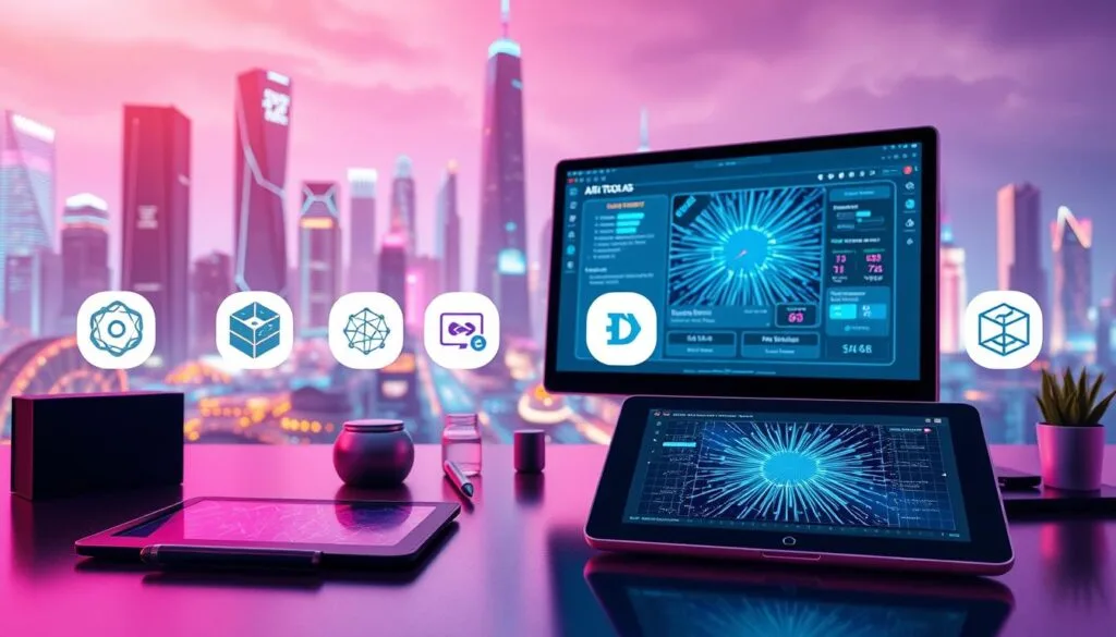 A vibrant, high-resolution image of AI tools for image generation. In the foreground, an array of digital devices, including a tablet, a stylus, and a computer monitor displaying a generative AI interface. In the middle ground, various icons and logos representing popular image generation models like DALL-E, Stable Diffusion, and Midjourney. The background features a futuristic cityscape with skyscrapers and neon lights, conveying a sense of technological advancement and innovation. The scene is lit by a warm, ambient glow, creating a sleek, modern, and visually appealing atmosphere.
