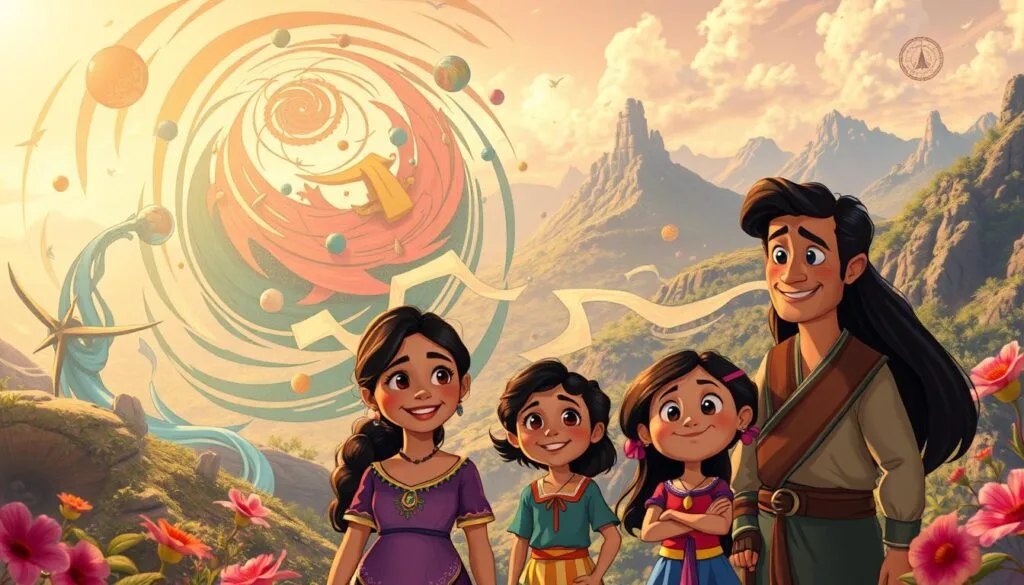 A vibrant, highly detailed digital illustration showcasing the diverse artistic styles featured in the Disney animated film Encanto. In the foreground, the Madrigal family members are portrayed in a whimsical, cartoon-like style with vivid colors and expressive features. The middle ground features a dynamic, abstract background with swirling geometric patterns and surreal, dreamlike elements. In the background, a majestic, hyper-realistic landscape unfolds, depicting the lush, magical setting of the Encanto. The lighting is warm and natural, with soft shadows and highlights accentuating the various artistic treatments. The overall composition conveys a sense of wonder, creativity, and the enchanting world of Encanto. A vibrant, highly detailed digital illustration showcasing the diverse artistic styles featured in the Disney animated film Encanto. In the foreground, the Madrigal family members are portrayed in a whimsical, cartoon-like style with vivid colors and expressive features. The middle ground features a dynamic, abstract background with swirling geometric patterns and surreal, dreamlike elements. In the background, a majestic, hyper-realistic landscape unfolds, depicting the lush, magical setting of the Encanto. The lighting is warm and natural, with soft shadows and highlights accentuating the various artistic treatments. The overall composition conveys a sense of wonder, creativity, and the enchanting world of Encanto.