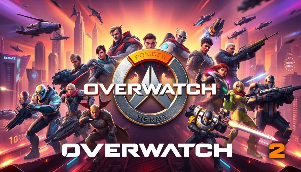 A vibrant, hyper-detailed poster showcasing the heroes of Overwatch 2 in an epic, cinematic composition. The central focus is the game's iconic logo, rendered in a striking metallic finish, surrounded by the diverse cast of characters posed in dynamic, larger-than-life action poses. The background features a dramatic, neon-lit cityscape with skyscrapers and hovering vehicles, creating a futuristic, cyberpunk atmosphere. Warm lighting from the cityscape casts a vibrant glow across the characters, highlighting their intricate designs and unique abilities. The overall aesthetic is one of high-energy, high-fidelity visuals that capture the essence of the Overwatch 2 universe.