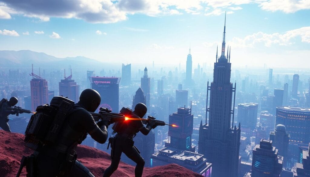 A vibrant, hyperrealistic depiction of the iconic Valorant game world, rendered with stunning AI-generated artistry. In the foreground, the sleek silhouettes of Valorant agents engage in a tense tactical encounter, their high-tech gear and weapons gleaming under dramatic lighting. The middle ground showcases the game's distinctive architecture, with futuristic buildings and structures bathed in a vibrant color palette. In the background, a sprawling cityscape unfolds, its skyscrapers and skyline infused with the game's distinctive cyberpunk aesthetic. Intricate details, such as holographic interfaces, neon signage, and particle effects, add depth and immersion to the scene. The overall composition conveys the dynamic, high-stakes action and stylized visuals that define the Valorant universe.