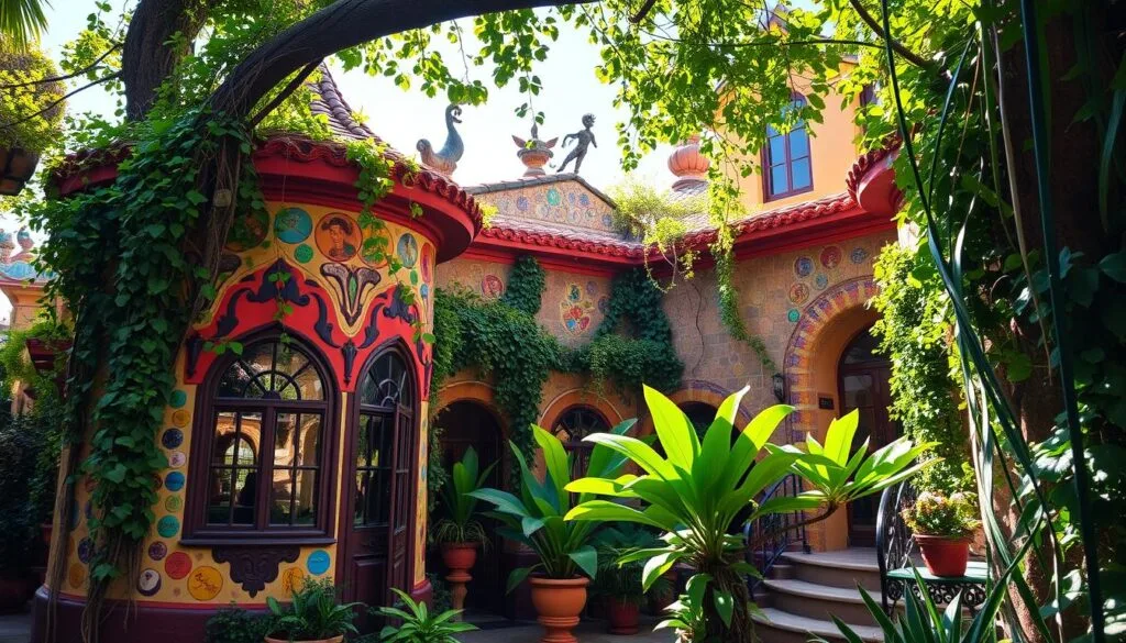 A vibrant, magical casa nestled in the heart of the Encanto, its colorful facade adorned with intricate mosaics and flourishing vines. Sunlight streams through its ornate windows, casting a warm glow upon the lush, verdant courtyard within. Whimsical architectural details dance across the rooftops, as if imbued with a life of their own. The casa's enchanted essence radiates outward, inviting the viewer to step inside and discover the wonders that lie within its enchanted walls. A vibrant, magical casa nestled in the heart of the Encanto, its colorful facade adorned with intricate mosaics and flourishing vines. Sunlight streams through its ornate windows, casting a warm glow upon the lush, verdant courtyard within. Whimsical architectural details dance across the rooftops, as if imbued with a life of their own. The casa's enchanted essence radiates outward, inviting the viewer to step inside and discover the wonders that lie within its enchanted walls.