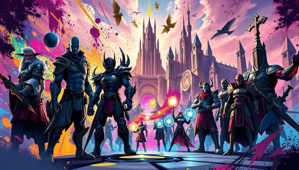 A vibrant mash-up of artistic styles inspired by the League of Legends universe. In the foreground, champions from the game stand tall, their figures rendered in a bold, expressive comic book style, with dynamic poses and exaggerated features. The middle ground features a kaleidoscopic blend of paint splatters, geometric shapes, and glowing energy effects, evoking the game's fantastical abilities and high-octane action. In the background, a sweeping landscape of towering, fantastical architecture in the style of classic oil paintings, with dramatic lighting and a sense of epic grandeur. The overall composition is a harmonious fusion of diverse artistic influences, capturing the unique visual aesthetic of the League of Legends world.