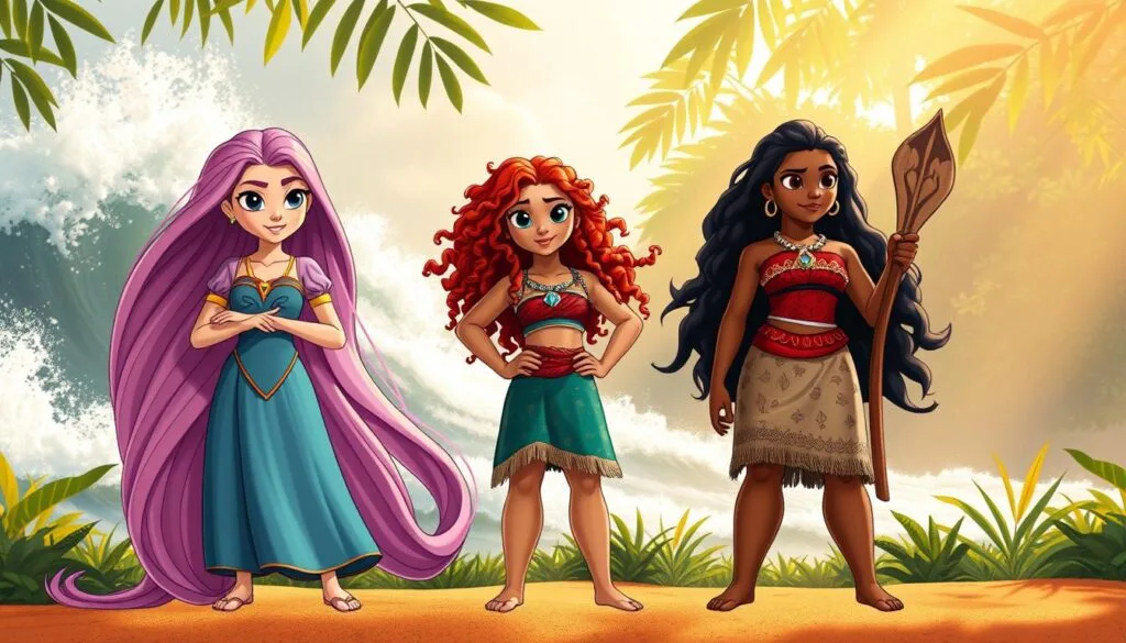 A vibrant, modern interpretation of Disney princesses in an adventurous natural setting. Rapunzel, Mérida, and Moana stand confidently, their distinct personalities shining through. Rapunzel's long hair cascades around her as she gazes thoughtfully into the distance, while Mérida's wild curls frame her determined expression. Moana, feet planted firmly in the sand, surveys the crashing waves and lush foliage behind her. Warm golden light filters through the canopy, casting a dreamlike glow over the scene. The three princesses embody strength, curiosity, and a sense of wonder, ready to embrace the world beyond their kingdoms. A vibrant, modern interpretation of Disney princesses in an adventurous natural setting. Rapunzel, Mérida, and Moana stand confidently, their distinct personalities shining through. Rapunzel's long hair cascades around her as she gazes thoughtfully into the distance, while Mérida's wild curls frame her determined expression. Moana, feet planted firmly in the sand, surveys the crashing waves and lush foliage behind her. Warm golden light filters through the canopy, casting a dreamlike glow over the scene. The three princesses embody strength, curiosity, and a sense of wonder, ready to embrace the world beyond their kingdoms.