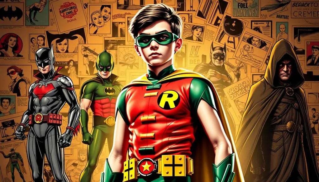 A vibrant mosaic of Robin the Boy Wonder, showcasing his diverse incarnations across comic book lore. In the foreground, the iconic red and green costume with a bold "R" emblem stands tall, its dynamic lines conveying a sense of agility and heroism. In the middle ground, alternate versions emerge, each with a unique twist - a futuristic cyberpunk Robin, a gritty noir-inspired detective, and a mystical, hooded variant. The background is a kaleidoscope of comic book panels, panels, and frames, hinting at the rich tapestry of the character's history. Warm, cinematic lighting casts dramatic shadows, evoking the spirit of the DC universe. This dynamic collage celebrates the enduring legacy of Robin, the ever-evolving sidekick and hero. A vibrant mosaic of Robin the Boy Wonder, showcasing his diverse incarnations across comic book lore. In the foreground, the iconic red and green costume with a bold "R" emblem stands tall, its dynamic lines conveying a sense of agility and heroism. In the middle ground, alternate versions emerge, each with a unique twist - a futuristic cyberpunk Robin, a gritty noir-inspired detective, and a mystical, hooded variant. The background is a kaleidoscope of comic book panels, panels, and frames, hinting at the rich tapestry of the character's history. Warm, cinematic lighting casts dramatic shadows, evoking the spirit of the DC universe. This dynamic collage celebrates the enduring legacy of Robin, the ever-evolving sidekick and hero.