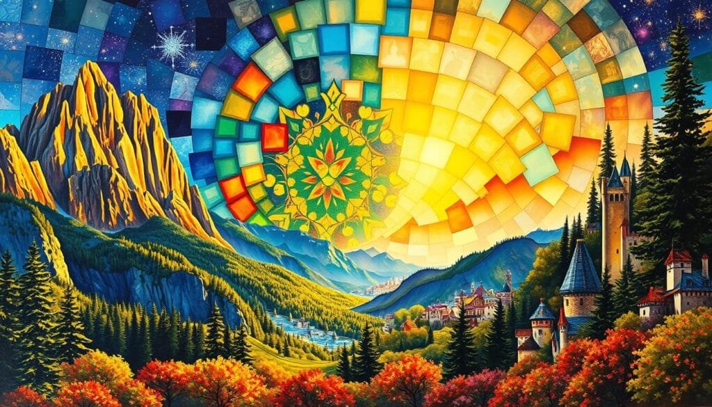 A vibrant mosaic of artistic styles, blending realism, impressionism, and surrealism. In the foreground, a breathtaking landscape with towering mountains and lush forests, illuminated by warm, golden sunlight. In the middle ground, a mesmerizing abstract pattern of shapes and colors, reminiscent of stained glass. In the background, a dreamlike cityscape with whimsical architecture and a starry night sky. The composition is harmonious, with a sense of depth and movement, inviting the viewer to explore the boundless creativity of the artistic realm.