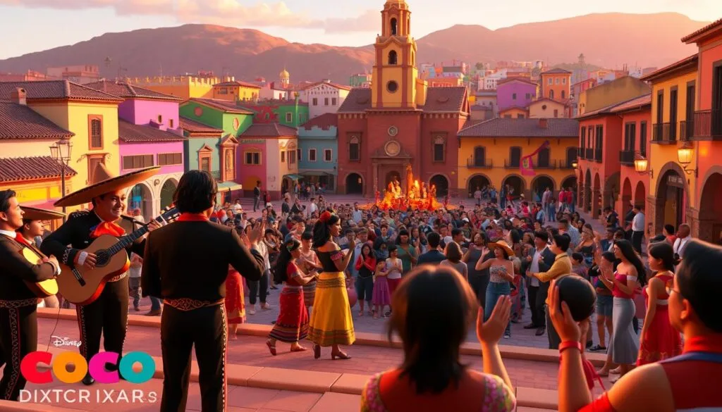 A vibrant musical scene from the Disney/Pixar film Coco. In the foreground, a mariachi band plays lively Mexican folk music, their colorful outfits and instruments capturing the energy of the performance. The middle ground features a large crowd of townspeople gathered around, some dancing, others clapping in time with the music. In the background, the distinctive architecture of a Mexican town square is visible, with colorful buildings, cobblestone streets, and a towering church steeple. Warm, golden lighting bathes the entire scene, creating a nostalgic, celebratory atmosphere. The overall composition evokes the rich cultural heritage and joyous spirit of the film.