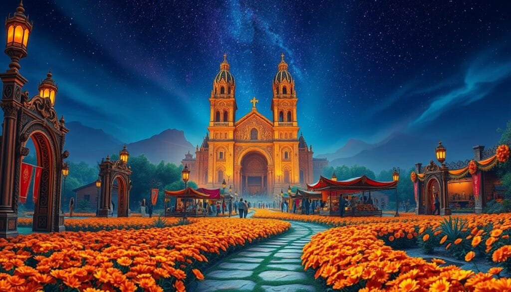 A vibrant, otherworldly landscape of Tierra de los Muertos, the Land of the Dead. In the foreground, a winding path leads through a colorful array of marigold flowers, their petals dancing in the soft breeze. Towering, ornate archways rise up on either side, adorned with intricate skeletal motifs and glowing lanterns that cast a warm, amber light. In the middle ground, a bustling marketplace teems with life, vendors selling vibrant tapestries, festive trinkets, and traditional Día de los Muertos delicacies. The background is dominated by a magnificent, towering cathedral, its facade a breathtaking mosaic of vibrant colors and elaborate carvings. The sky is a deep, inky blue, peppered with twinkling stars that reflect in the shallow pools of water scattered throughout the scene. An atmosphere of celebration, reverence, and the transcendent connection between the living and the dead permeates the entire composition.