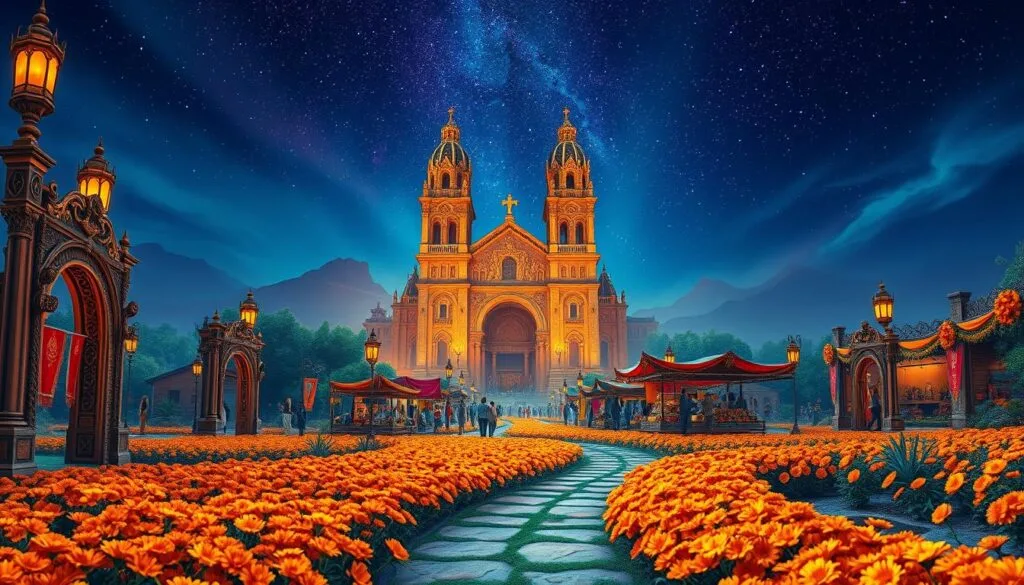 A vibrant, otherworldly landscape of Tierra de los Muertos, the Land of the Dead. In the foreground, a winding path leads through a colorful array of marigold flowers, their petals dancing in the soft breeze. Towering, ornate archways rise up on either side, adorned with intricate skeletal motifs and glowing lanterns that cast a warm, amber light. In the middle ground, a bustling marketplace teems with life, vendors selling vibrant tapestries, festive trinkets, and traditional Día de los Muertos delicacies. The background is dominated by a magnificent, towering cathedral, its facade a breathtaking mosaic of vibrant colors and elaborate carvings. The sky is a deep, inky blue, peppered with twinkling stars that reflect in the shallow pools of water scattered throughout the scene. An atmosphere of celebration, reverence, and the transcendent connection between the living and the dead permeates the entire composition.