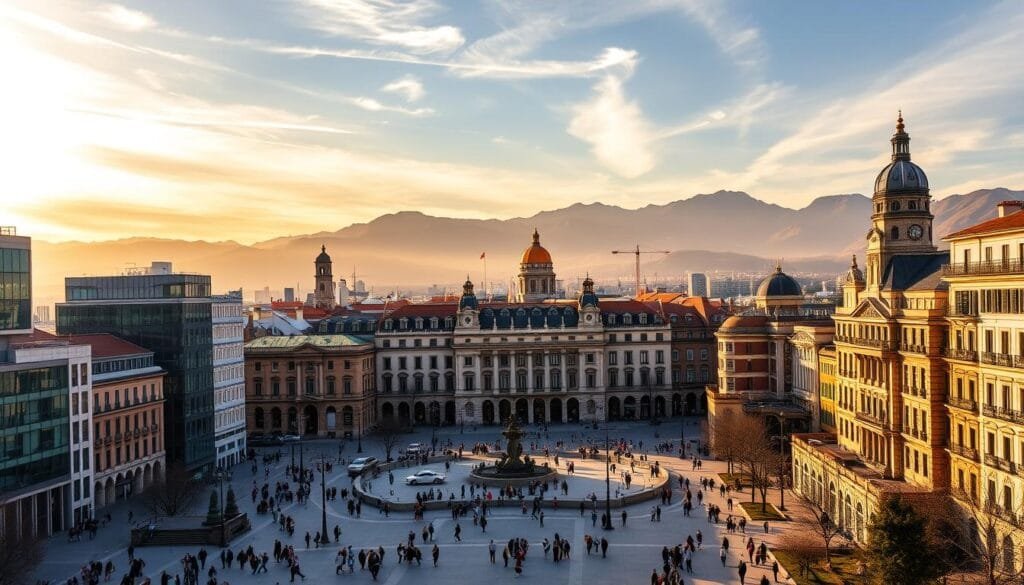 A vibrant panoramic cityscape of Madrid, Spain, set against a backdrop of the majestic Guadarrama Mountains. In the foreground, a bustling city square with modern glass and steel high-rises juxtaposed with historic Baroque architecture. Pedestrians navigate the streets, some gesturing animatedly, as if engaged in lively discussions. The middle ground features a series of government buildings, their façades adorned with statues and ornate detailing, symbolizing the intersection of ethics and legislation. Warm, golden sunlight filters through wispy clouds, casting a contemplative glow over the scene. The overall mood evokes a sense of civic responsibility and the delicate balance between individual freedoms and societal norms in contemporary Spain.