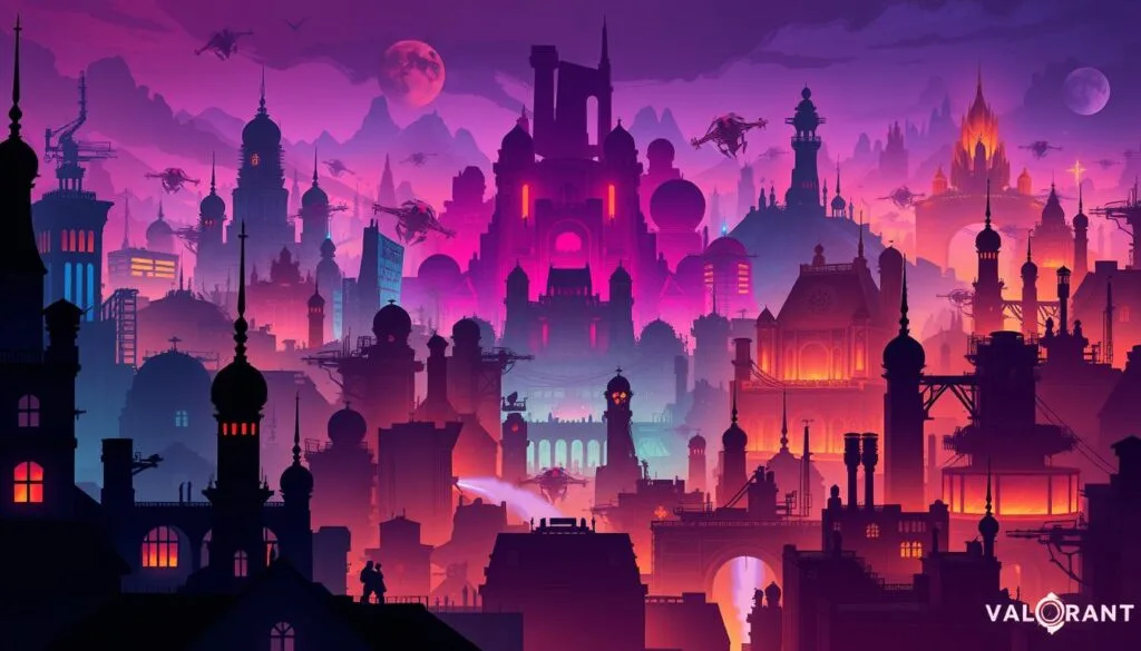 A vibrant, panoramic illustration of the iconic maps from the competitive tactical shooter game Valorant. The foreground depicts the distinct silhouettes and architectural details of each map, rendered in a bold, stylized aesthetic. The middle ground showcases the diverse environments, from the neon-infused streets of Split to the industrial cityscapes of Ascent, captured in a moody, atmospheric lighting. The background subtly blends the maps together, creating a seamless, cohesive world that embodies the game's unique visual identity. The overall composition conveys the strategic depth and dynamic gameplay of Valorant, inviting the viewer to explore the intricate, battle-scarred arenas.