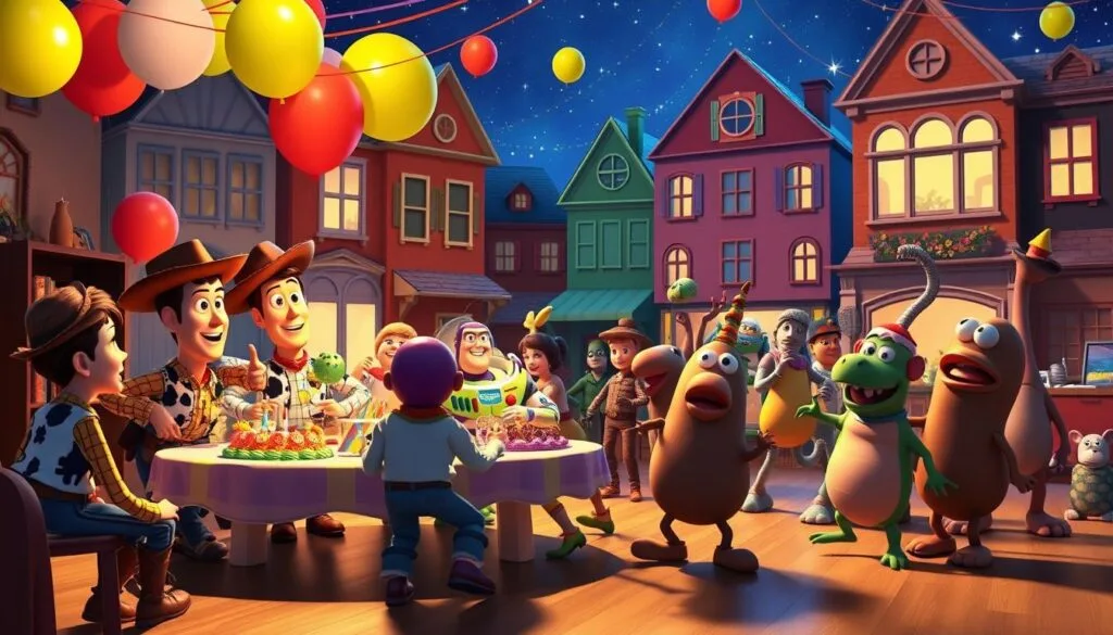 A vibrant party scene of Toy Story characters celebrating a special occasion. In the foreground, Woody, Buzz Lightyear, and the rest of the gang are gathered around a festive table, adorned with colorful balloons, streamers, and a large birthday cake. The middle ground features a lively dance floor, where Rex, Slinky Dog, and the Potato Heads are busting out their best moves under warm, golden lighting. In the background, the iconic buildings of Andy's room provide a cozy, nostalgic backdrop, with a starry night sky visible through the windows. The overall atmosphere is one of joyous celebration, filled with the whimsical charm and childlike wonder that defines the Toy Story universe.