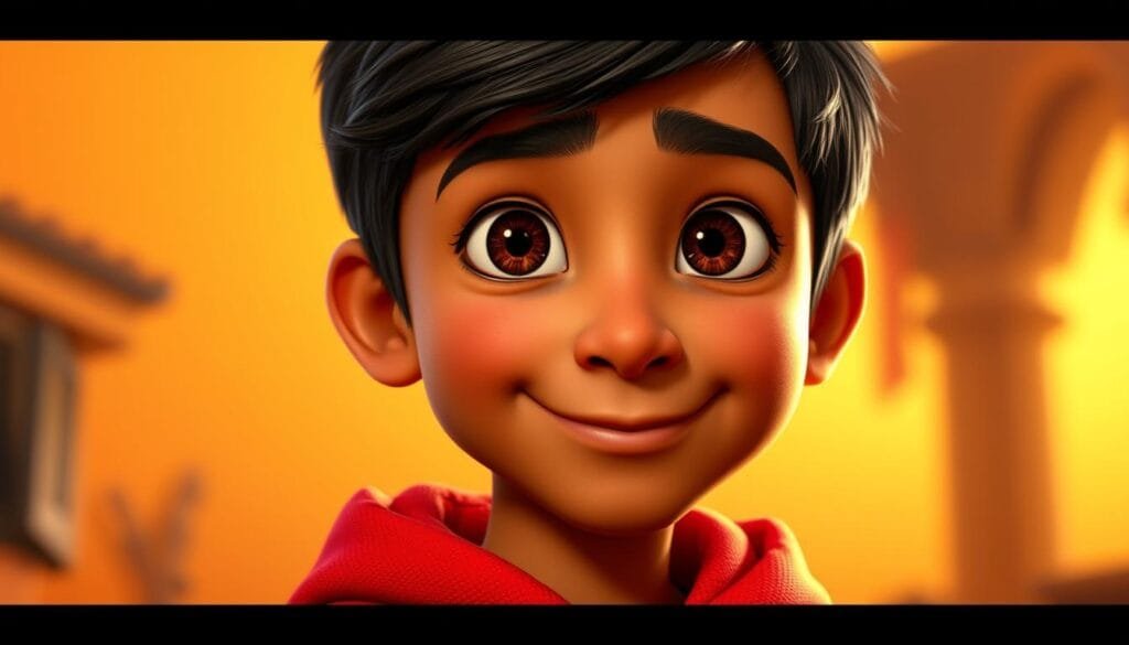A vibrant, photo-realistic digital portrait of Miguel Rivera, the protagonist of the Pixar film Coco. Set against a warm, golden background with soft, diffused lighting. Miguel's features are rendered in intricate detail, capturing his youthful, expressive face with warm, brown eyes and a gentle smile. He wears his signature red hoodie, the fabric rendered in a realistic, textured manner. The composition places Miguel in the foreground, with a subtle, blurred background suggesting the setting of a Mexican town or village. The overall mood is one of warmth, wonder, and a touch of whimsy, reflecting the spirit of the film.