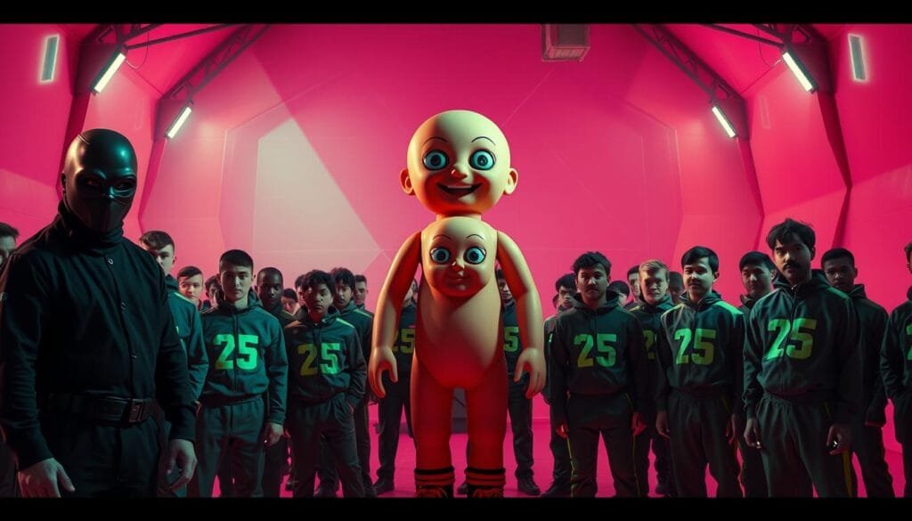 A vibrant, photo-realistic scene depicting the main characters of the hit Netflix series "Squid Game". In the foreground, the ominous Front Man stands tall in his distinctive black mask and uniform, casting an imposing presence. Behind him, the contestants in their green numbered tracksuits gather nervously, their expressions a mix of fear and determination. In the middle ground, the iconic giant doll from the Red Light, Green Light game looms, its lifeless eyes and unsettling smile creating an eerie atmosphere. The background is filled with the surreal geometric architecture of the game arena, with its vibrant pink walls and industrial lighting casting dramatic shadows. The overall scene conveys the high-stakes, dystopian nature of the show, with a cinematic, high-contrast lighting that heightens the sense of unease and danger.