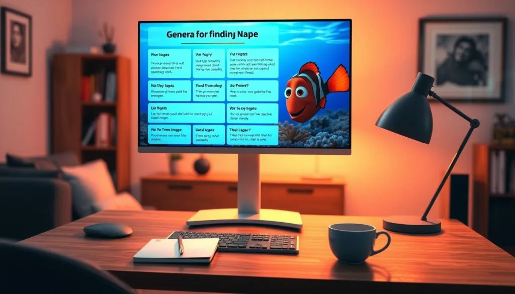 A vibrant, photorealistic image of "Techniques for Prompts for Finding Nemo" using Stable Diffusion. Prominently displayed in the foreground, a computer screen showing various prompt examples for generating Nemo-themed images, with the Pixar character Nemo himself swimming in the background. The screen is backlit, creating a warm, inviting glow. Complementing the digital elements, the middle ground features a sleek, minimalist desk setup with a stylish lamp, notebook, and cup of coffee. The background blurs into a cozy, yet modern home office environment, with a bookshelf and framed artwork visible. The overall scene conveys a sense of creativity, exploration, and the seamless integration of technology and imagination. A vibrant, photorealistic image of "Techniques for Prompts for Finding Nemo" using Stable Diffusion. Prominently displayed in the foreground, a computer screen showing various prompt examples for generating Nemo-themed images, with the Pixar character Nemo himself swimming in the background. The screen is backlit, creating a warm, inviting glow. Complementing the digital elements, the middle ground features a sleek, minimalist desk setup with a stylish lamp, notebook, and cup of coffee. The background blurs into a cozy, yet modern home office environment, with a bookshelf and framed artwork visible. The overall scene conveys a sense of creativity, exploration, and the seamless integration of technology and imagination.