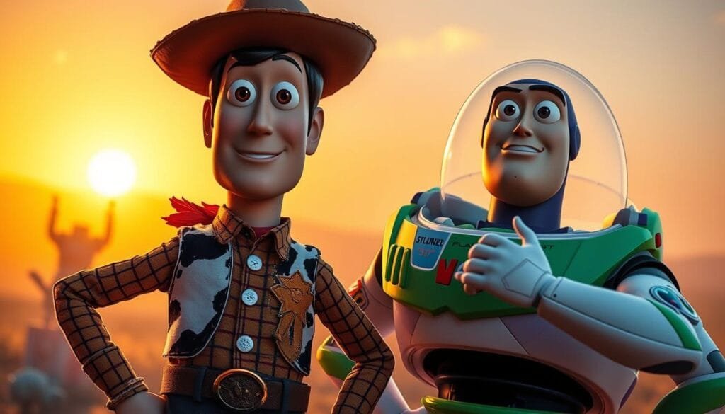 A vibrant scene of Woody and Buzz Lightyear from the iconic Toy Story franchise, captured in a dynamic composition. In the foreground, Woody stands tall, his weathered cowboy attire and earnest expression conveying a sense of rugged determination. Beside him, Buzz Lightyear strikes a heroic pose, his sleek, colorful spacesuit shimmering under crisp, directional lighting. The two friends are set against a backdrop of a warm, golden sunset, with a hazy, dreamlike quality to the environment, evoking the nostalgic charm of the beloved animated films. The camera angle is slightly elevated, creating a sense of scale and emphasizing the camaraderie between the two iconic characters. The overall mood is one of adventure, friendship, and the enduring legacy of the Toy Story universe.