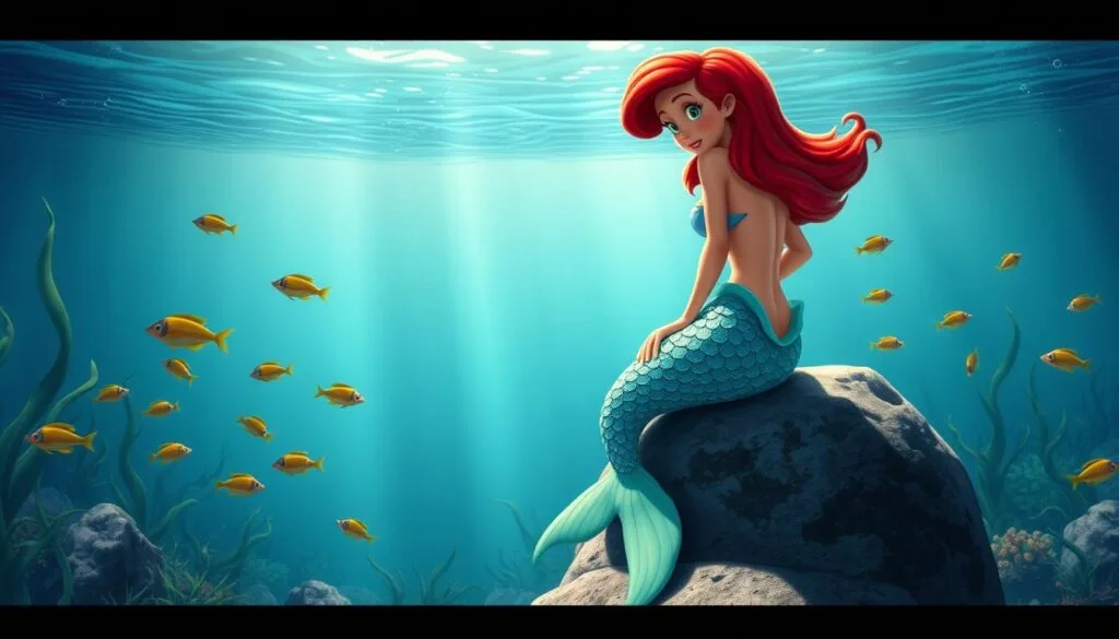 A vibrant scene of the classic mermaid character, "La Sirenita," but with some common mistakes in her portrayal. In the foreground, she sits on a rock, her tail flashing with iridescent scales, but the proportions and anatomy are slightly off, her torso too long, her fins too small. In the middle ground, the underwater seascape is lush with swaying kelp and schools of tropical fish, but the lighting and water effects lack the realism needed. In the hazy background, the surface world above is visible, but the transition between air and water is unconvincing. The overall mood is one of whimsy and imagination, but technical flaws undermine the believability of this fantastical creature.
