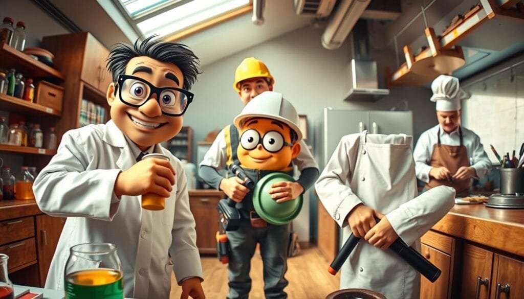 A vibrant scene showcasing Bob Esponja in various professional roles. In the foreground, Bob Esponja dons a crisp white lab coat and glasses, mixing colorful liquids in a chemistry lab. In the middle ground, he stands proudly in a construction worker's uniform, holding a hard hat and power tools. In the background, Bob Esponja wears a chef's apron and toque, preparing delectable dishes in a gourmet kitchen. The lighting is warm and natural, highlighting the whimsical expressions on Bob Esponja's face as he embraces his diverse career aspirations. Captured with a wide-angle lens to encompass the multifaceted nature of this iconic character.