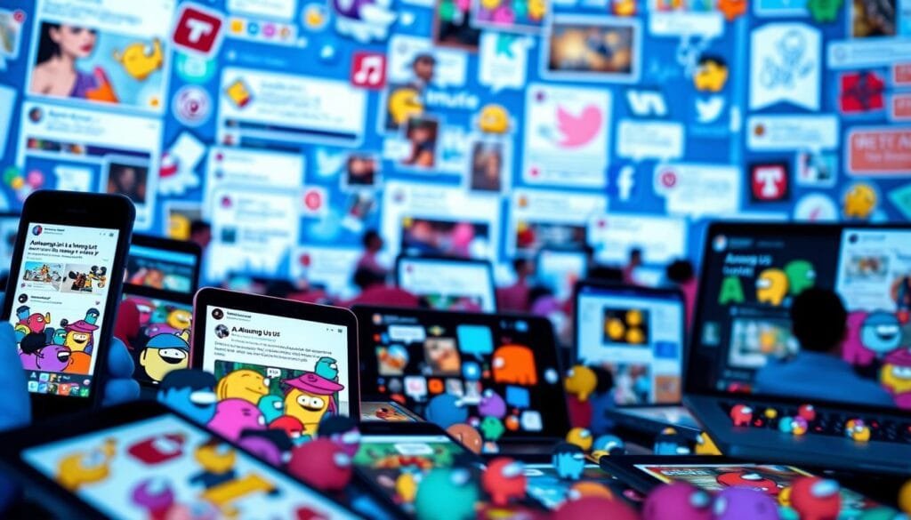 A vibrant social media landscape featuring various Among Us-themed content. In the foreground, a collage of colorful Among Us character illustrations, memes, and fan art cascades across a series of smartphone and laptop displays. The middle ground showcases lively online discussions, with comment sections and social media posts buzzing with Among Us-related discourse. In the background, a blurred backdrop of trending hashtags, analytics, and platform logos sets the scene of a thriving online community centered around the beloved game. Soft, diffused lighting and a dynamic, energetic composition capture the essence of the Among Us phenomenon permeating the digital realm.