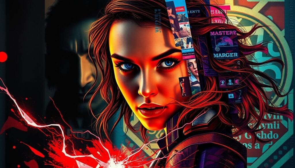 A vibrant, surreal fusion of artistic styles showcasing the essence of Scarlet Witch. In the foreground, her iconic scarlet energy crackles with the ethereal brushstrokes of impressionism. The middle ground blends cubist geometry and expressionist distortion, creating a dynamic, fractured portrait. The background shifts between the moody, shadowed tones of a Renaissance chiaroscuro and the vivid, kaleidoscopic hues of abstract expressionism. Warm, dramatic lighting casts dramatic shadows, evoking a sense of mysticism and power. Composed with an experimental, avant-garde lens to capture the multifaceted nature of this Marvel heroine.