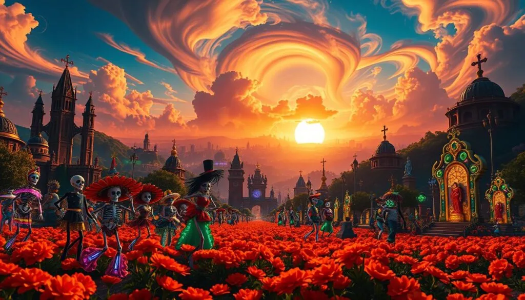 A vibrant, surreal landscape that captures the visual narratives of the Pixar film Coco. In the foreground, a colorful parade of skeletal figures, adorned in intricate, glowing costumes, dance and celebrate against a backdrop of towering, fantastical buildings. The middle ground features a lush, ethereal cemetery, with elaborate, luminous tombstones and marigold flowers blanketing the ground. The background is dominated by a magnificent, otherworldly skyline, with swirling, neon-tinged clouds and a brilliant, setting sun casting a warm, dreamlike glow over the entire scene. The lighting is dramatic and cinematic, with deep shadows and highlights that accentuate the surreal, magical atmosphere. Captured with a wide-angle lens to convey a sense of grandeur and immersion.
