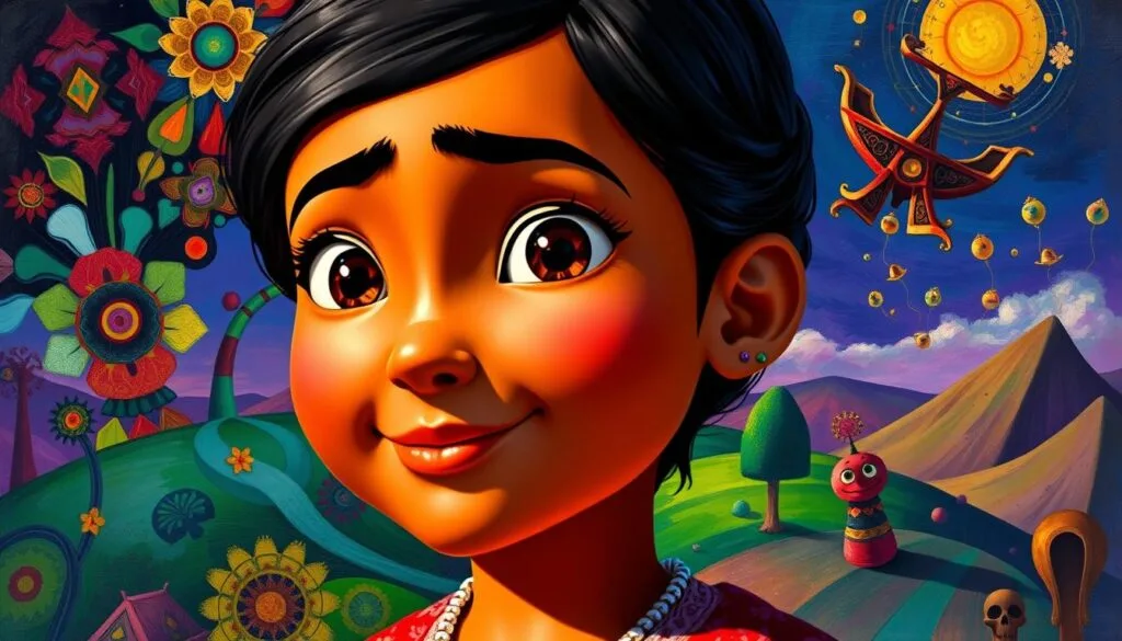 A vibrant, surreal portrait of the beloved Pixar character Coco, seamlessly blending with a variety of distinct artistic styles. In the foreground, Coco's warm, expressive face is rendered in a lush, impressionistic palette, her features accentuated by bold, gestural brushstrokes. The middle ground features a kaleidoscope of abstract, cubist shapes and patterns, evoking the rich cultural heritage of Mexico. In the background, a dreamlike landscape unfolds, echoing the whimsical, surrealist aesthetics of Salvador Dalí, with floating, disjointed elements that create a sense of magical realism. Dramatic lighting casts dramatic shadows, enhancing the depth and drama of the composition. The overall effect is a striking, multifaceted visual representation that seamlessly blends Coco with a variety of iconic artistic styles.