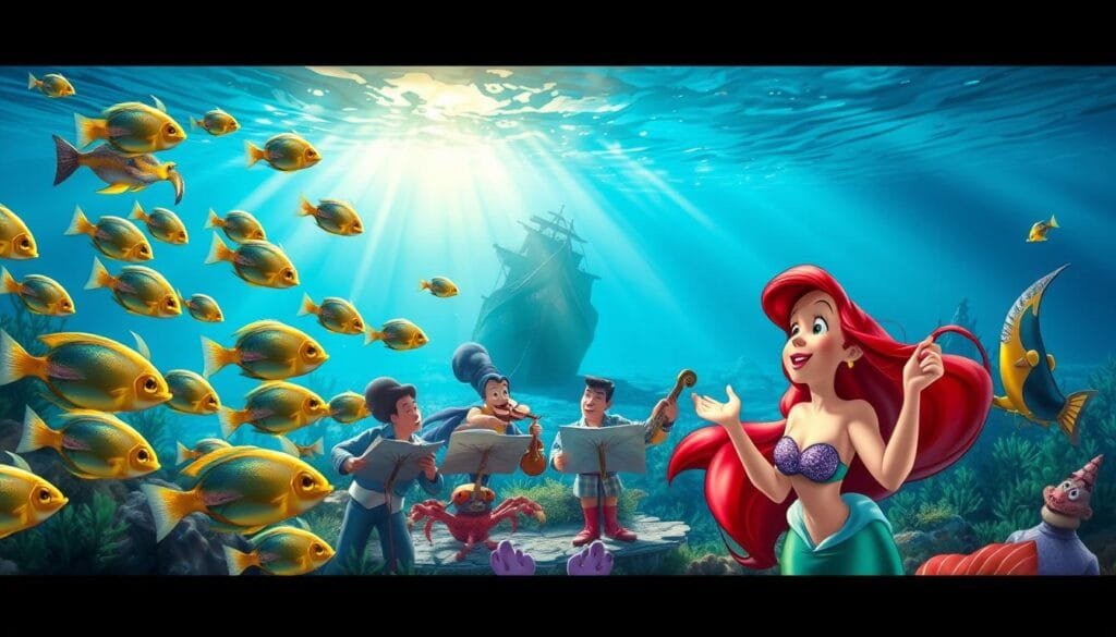 A vibrant, underwater scene depicting the iconic songs from the classic Disney film "The Little Mermaid". In the foreground, Ariel, the mermaid princess, sings passionately with her stunning voice, surrounded by a swirling school of tropical fish in shimmering hues of blue, green, and gold. In the middle ground, Sebastian the crab conducts a lively orchestra of sea creatures, each playing a different instrument. In the background, the sunlight filters through the crystal-clear water, illuminating the kelp-covered sea floor and a majestic shipwreck. The overall mood is one of whimsy, music, and the enchanting beauty of the underwater world.