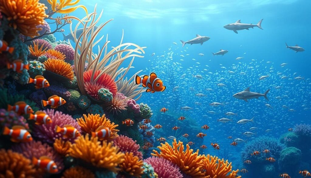 A vibrant underwater scene from the world of "Finding Nemo," rendered in stunning detail by an AI. In the foreground, schools of brightly colored tropical fish dart among the swaying coral reefs. In the middle ground, a clownfish (Nemo) emerges cautiously from his anemone home, surrounded by a lush seascape of undulating kelp and shimmering schools of silvery fish. The background fades into the deep blue of the open ocean, with rays and sharks gliding gracefully through the water. Soft, diffused lighting casts a warm, dreamlike glow over the entire scene, capturing the whimsical and enchanting atmosphere of the Pixar classic. A vibrant underwater scene from the world of "Finding Nemo," rendered in stunning detail by an AI. In the foreground, schools of brightly colored tropical fish dart among the swaying coral reefs. In the middle ground, a clownfish (Nemo) emerges cautiously from his anemone home, surrounded by a lush seascape of undulating kelp and shimmering schools of silvery fish. The background fades into the deep blue of the open ocean, with rays and sharks gliding gracefully through the water. Soft, diffused lighting casts a warm, dreamlike glow over the entire scene, capturing the whimsical and enchanting atmosphere of the Pixar classic.