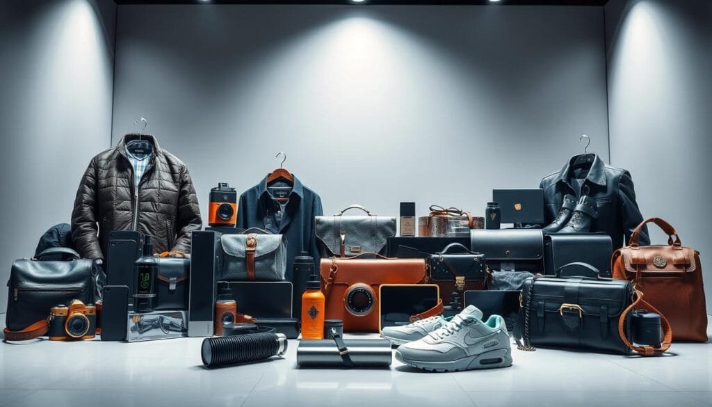 A vibrant, visually-striking commercial image showcasing a range of high-quality, premium consumer products. Set against a sleek, modern backdrop with dramatic lighting and crisp focus, the foreground features a carefully curated arrangement of stylish, alluring items - luxurious clothing, high-end electronics, designer accessories, and more. The middle ground provides a touch of dynamism, with subtle motion blur evoking a sense of energy and movement. The background maintains a refined, minimalist aesthetic, with clean lines and a muted color palette that allows the featured products to take center stage. Overall, the image conveys a sense of aspirational sophistication, quality, and desirability, perfectly suited to captivate and inspire a discerning audience.