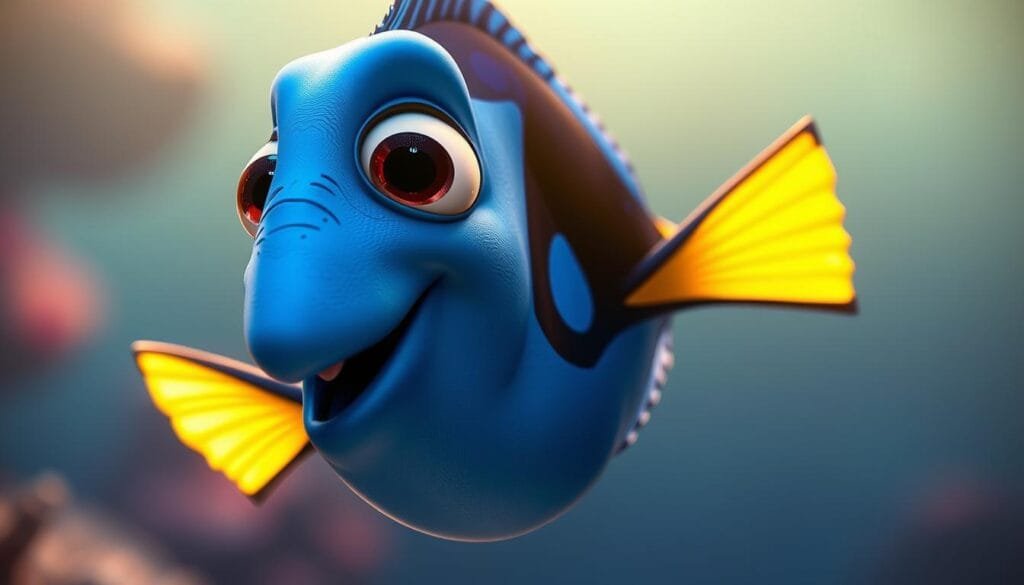 A vibrant, whimsical portrait of Dory, the beloved blue tang fish from the "Finding Nemo" universe. Dory's iconic turquoise and yellow scales glisten under warm, diffused lighting, creating a soft, dreamlike atmosphere. Her expressive eyes convey a sense of wonder and curiosity, as if she's just discovered something new and fascinating. The composition places Dory in the center, with a blurred, aquatic background that suggests the underwater world she inhabits. Detailed textures and subtle color gradients add depth and dimensionality to the image, resulting in a visually captivating and emotionally resonant representation of this cherished Pixar character. A vibrant, whimsical portrait of Dory, the beloved blue tang fish from the "Finding Nemo" universe. Dory's iconic turquoise and yellow scales glisten under warm, diffused lighting, creating a soft, dreamlike atmosphere. Her expressive eyes convey a sense of wonder and curiosity, as if she's just discovered something new and fascinating. The composition places Dory in the center, with a blurred, aquatic background that suggests the underwater world she inhabits. Detailed textures and subtle color gradients add depth and dimensionality to the image, resulting in a visually captivating and emotionally resonant representation of this cherished Pixar character.