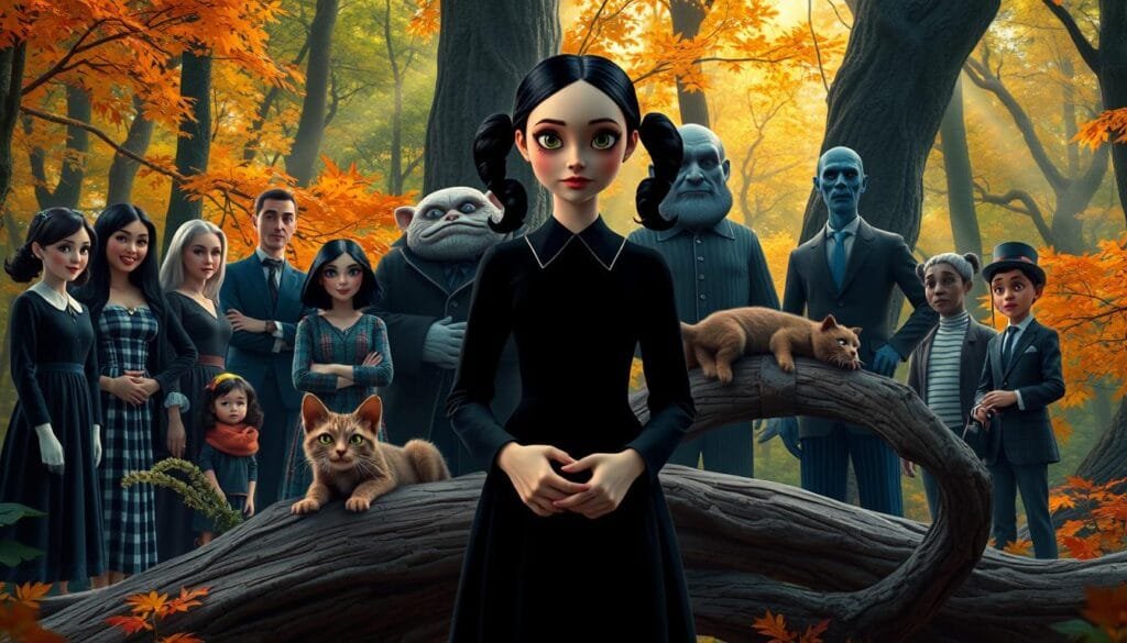 A vibrant, whimsical scene depicting Wednesday Addams from the Netflix series "Wednesday" interacting with a diverse cast of iconic characters. In the foreground, Wednesday stands with a stoic, deadpan expression, her signature black dress and pigtails contrasting with the vibrant surrounding. Flanking her are characters like Morticia and Gomez Addams, Lurch the towering butler, and the mischievous Thing hand. In the middle ground, the mysterious Mr. Scratchy, Wednesday's feline companion, lounges on a gnarled tree branch. In the background, a lush, autumnal forest backdrop sets the moody, gothic tone, with beams of soft, diffused lighting filtering through the canopy. The overall composition conveys a sense of quirky, supernatural whimsy, seamlessly blending the world of the Addams Family with Wednesday's new found friends and foes.