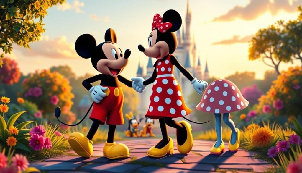 A vibrant, whimsical scene featuring Mickey Mouse and Minnie Mouse strolling hand-in-hand through a lush, colorful Disney-inspired landscape. Mickey, in his iconic red shorts and yellow shoes, stands tall with a warm, friendly expression, while Minnie, in her classic polka-dot dress and bow, gazes up at him adoringly. The pair is bathed in soft, golden-hour lighting, creating a romantic, magical atmosphere. In the middle ground, a cluster of familiar Disney characters - perhaps Pluto, Donald, and Goofy - can be seen frolicking and playing. In the background, the iconic silhouette of Cinderella's Castle rises majestically, hinting at the enchantment of the Disney universe. The overall scene conveys a sense of joy, nostalgia, and the timeless appeal of these beloved characters. A vibrant, whimsical scene featuring Mickey Mouse and Minnie Mouse strolling hand-in-hand through a lush, colorful Disney-inspired landscape. Mickey, in his iconic red shorts and yellow shoes, stands tall with a warm, friendly expression, while Minnie, in her classic polka-dot dress and bow, gazes up at him adoringly. The pair is bathed in soft, golden-hour lighting, creating a romantic, magical atmosphere. In the middle ground, a cluster of familiar Disney characters - perhaps Pluto, Donald, and Goofy - can be seen frolicking and playing. In the background, the iconic silhouette of Cinderella's Castle rises majestically, hinting at the enchantment of the Disney universe. The overall scene conveys a sense of joy, nostalgia, and the timeless appeal of these beloved characters.