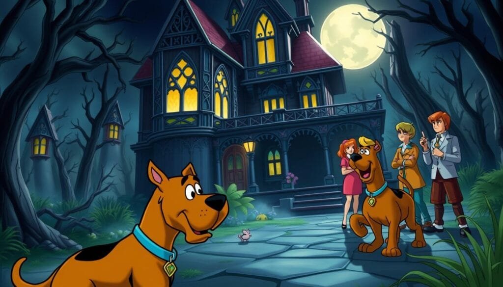 A vibrant, whimsical scene of Scooby-Doo and the Mystery Inc. gang solving a supernatural mystery. In the foreground, Scooby-Doo and Shaggy cautiously investigate a creepy haunted mansion, its intricate Gothic architecture detailed in the middle ground. In the background, Velma, Daphne, and Fred coordinate their investigation, using advanced detective techniques and cutting-edge technology. Dramatic cinematic lighting casts dramatic shadows, while a slightly tilted camera angle adds a sense of tension and unease. The overall mood is one of playful suspense, capturing the spirit of the iconic Scooby-Doo franchise.