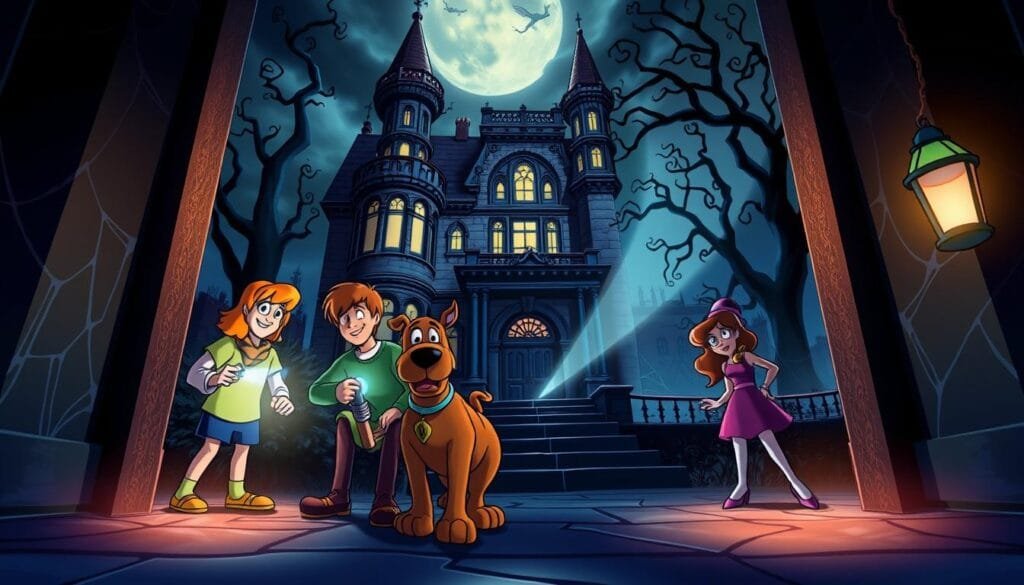 A vibrant, whimsical scene of the Mystery Inc. gang - Scooby-Doo, Shaggy, Fred, Daphne, and Velma - investigating a spooky mansion at night. The foreground features the five friends huddled together, flashlights in hand, as they cautiously explore the creepy, cobweb-laden entryway. Shaggy and Scooby cling to each other in fear, while the others display determined expressions. The middle ground showcases the ornate, gothic architecture of the mansion, with looming towers and gnarled trees in the background. Dramatic, moody lighting casts eerie shadows, creating an atmosphere of mystery and suspense. The scene is captured from a low angle, heightening the sense of ominous grandeur. Overall, the image conveys the iconic Scooby-Doo aesthetic of lighthearted adventure and supernatural intrigue.