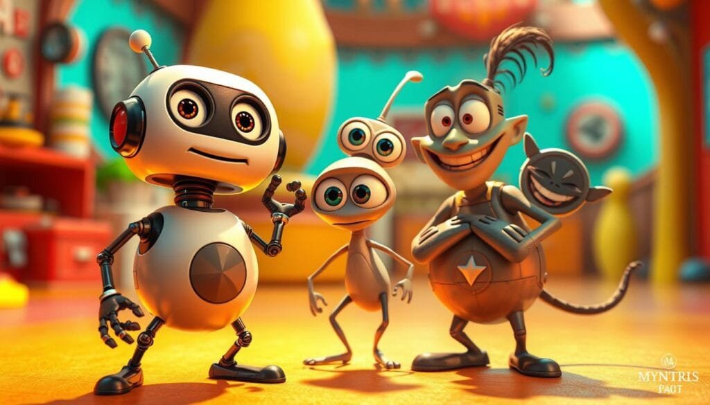 A vibrant, whimsical scene of three Pixar-style characters posing together in a dynamic, colorful environment. In the foreground, a quirky, friendly robot-like creature with a round body, expressive eyes, and playful movements. In the middle ground, a curious, wide-eyed alien-esque character with a tall, lanky frame and an inquisitive expression. In the background, a mischievous, impish creature with a mischievous grin and a playful, energetic pose. The lighting is warm and soft, casting a welcoming, inviting atmosphere. The composition is balanced and engaging, with the characters interacting in a lively, charming manner that captures the essence of Pixar's iconic character design. A vibrant, whimsical scene of three Pixar-style characters posing together in a dynamic, colorful environment. In the foreground, a quirky, friendly robot-like creature with a round body, expressive eyes, and playful movements. In the middle ground, a curious, wide-eyed alien-esque character with a tall, lanky frame and an inquisitive expression. In the background, a mischievous, impish creature with a mischievous grin and a playful, energetic pose. The lighting is warm and soft, casting a welcoming, inviting atmosphere. The composition is balanced and engaging, with the characters interacting in a lively, charming manner that captures the essence of Pixar's iconic character design.