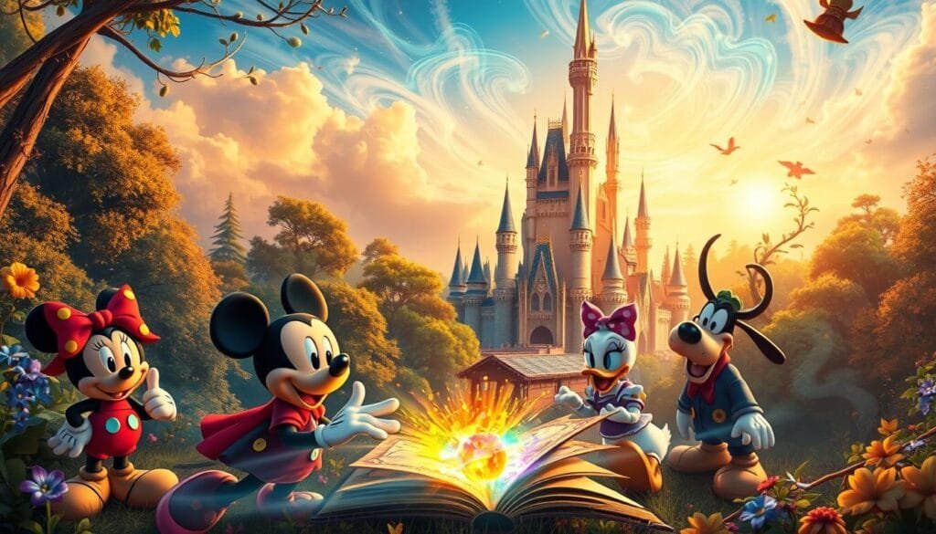 A vibrant, whimsical scene showcasing advanced Disney-inspired prompt techniques. In the foreground, a colorful array of Disney characters - Mickey, Minnie, Donald, Daisy, and Goofy - gathered around a magical, glowing spell book, their expressions brimming with excitement and wonder. The middle ground features a majestic castle, its turrets and spires reaching towards a sky alive with swirling, iridescent energy. In the background, a lush forest teems with enchanted flora and fauna, creating a sense of boundless imagination. Warm, golden lighting bathes the entire scene, evoking a timeless, fairy-tale-like atmosphere. The composition is balanced and visually striking, drawing the viewer into this whimsical, Disney-inspired world of advanced prompt techniques.