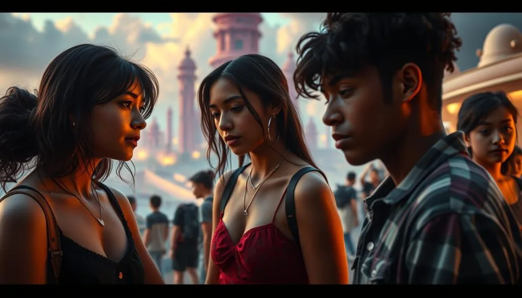 A visually arresting narrative set in the world of Euphoria, captured through a cinematic lens. In the foreground, a group of young, diverse characters engaged in intimate, emotive interactions, their faces and expressions conveying the depth of their experiences. The middle ground features a dreamlike, surreal landscape, with striking architectural elements and vivid, saturated colors that evoke the show's distinct visual style. In the background, a soft, atmospheric lighting creates a sense of mystery and introspection, enhancing the overall cinematic quality. The image should exude a sense of youthful energy, raw emotion, and the complexity of the human condition, reflecting the themes and storytelling of the acclaimed television series.