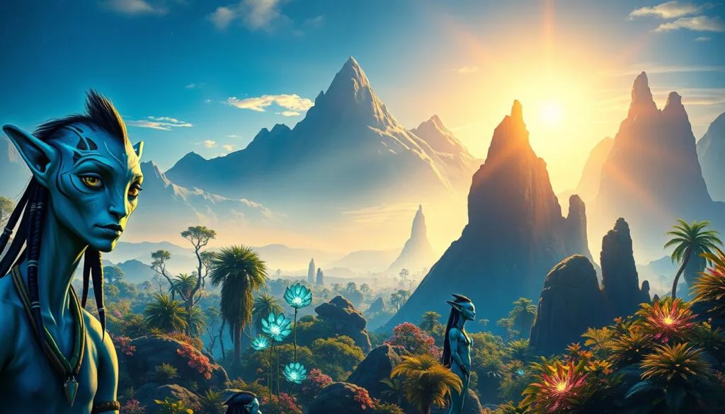 A visually striking fusion of the world of Avatar and various artistic styles. In the foreground, the iconic Na'vi characters are depicted in the style of Impressionist painting, with bold, expressive brushstrokes and a dreamlike, ethereal quality. The middle ground features the lush, bioluminescent flora of Pandora, rendered in the vibrant hues and abstract forms of Cubism. In the background, the towering, floating mountains are transformed into the surreal, geometric landscapes of Surrealism, creating a sense of otherworldly wonder. The lighting is soft and diffused, casting a warm, mystical glow over the entire scene. The overall composition blends these diverse artistic influences seamlessly, transporting the viewer to a visually captivating world where the fantastical meets the artistic.