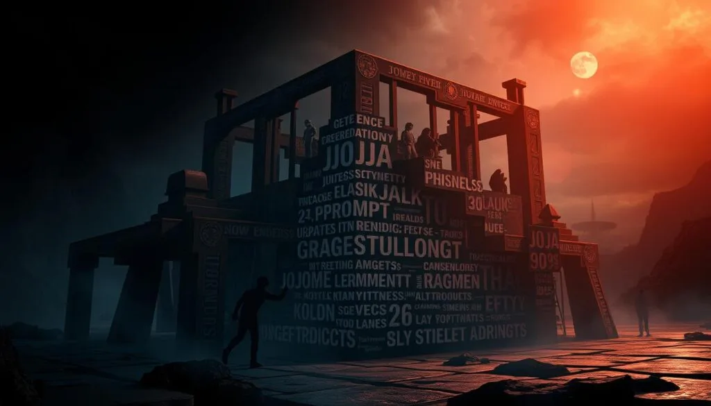 A visually striking, highly detailed illustration of the fundamental structure of prompts for creating images of JoJo's Bizarre Adventure using artificial intelligence. Set in a dimly lit, moody environment, the image depicts a three-dimensional, architectural structure composed of various prompt elements. In the foreground, bold, iconic JoJo's Bizarre Adventure iconography and character silhouettes emerge from the structure, while the middle ground features a labyrinth of interlocking prompt phrases, keywords, and technical specifications. The background depicts a mysterious, ethereal landscape, creating a sense of depth and mystery. The lighting is dramatic, with contrasty shadows and highlights accentuating the angular, geometric nature of the prompt structure. The overall tone is one of dark, enigmatic power, reflecting the bold, stylized aesthetic of the JoJo's Bizarre Adventure franchise. A visually striking, highly detailed illustration of the fundamental structure of prompts for creating images of JoJo's Bizarre Adventure using artificial intelligence. Set in a dimly lit, moody environment, the image depicts a three-dimensional, architectural structure composed of various prompt elements. In the foreground, bold, iconic JoJo's Bizarre Adventure iconography and character silhouettes emerge from the structure, while the middle ground features a labyrinth of interlocking prompt phrases, keywords, and technical specifications. The background depicts a mysterious, ethereal landscape, creating a sense of depth and mystery. The lighting is dramatic, with contrasty shadows and highlights accentuating the angular, geometric nature of the prompt structure. The overall tone is one of dark, enigmatic power, reflecting the bold, stylized aesthetic of the JoJo's Bizarre Adventure franchise.