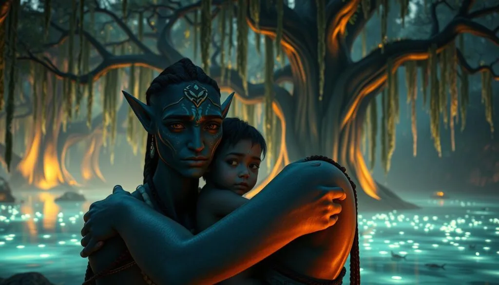 A visually stunning and emotionally evocative scene from the world of Avatar: The Way of Water. In the foreground, a close-up shot of a Na'vi family embracing, their faces lit by the soft, bioluminescent glow of the Pandoran forest. The middle ground features a tranquil, glowing lake, its surface rippling with the movements of aquatic creatures. In the background, towering, alien trees sway gently, their branches adorned with cascading vines and ethereal foliage. The lighting is warm and natural, casting an otherworldly, dreamlike atmosphere. Subtle camera tilt and depth of field emphasize the sense of emotional intimacy and wonder. Convey the deep connection between the Na'vi and their home, as well as the film's themes of family, preservation, and the resilience of the natural world.