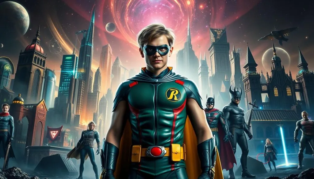 A vivid scene of Robin, the iconic DC superhero, depicted in a series of alternate universes. In the foreground, Robin stands tall, his costume reflecting the distinct styles and aesthetics of each parallel world. The middle ground showcases the unique environments and cityscapes that surround him, ranging from futuristic metropolises to medieval fantasy realms. In the background, subtle hints of dimensional rifts and portal effects suggest the interconnectedness of these divergent realities. Lighting and camera angles capture the dynamism and drama of this multiversal tableau, evoking a sense of wonder and exploration. The overall mood is one of enchantment, showcasing the adaptability and enduring appeal of the beloved character across boundless imaginative realms.