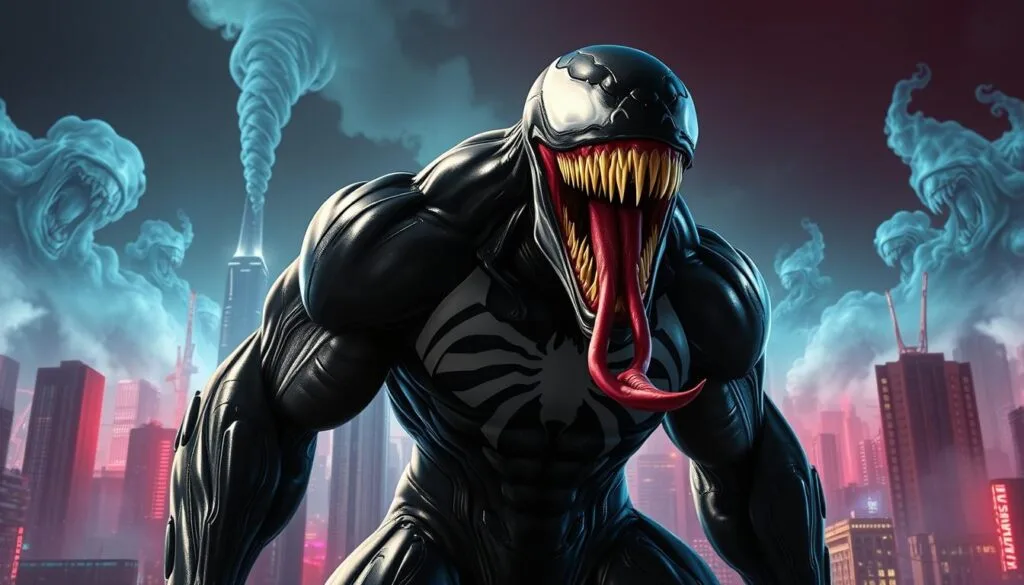 A vividly detailed scene of Venom in an epic crossover, standing tall amidst a striking cyberpunk-inspired cityscape. Dramatic lighting casts bold shadows, highlighting the symbiote's rippling muscles and razor-sharp fangs. In the foreground, Venom's powerful jaws are opened wide, ready to unleash a terrifying roar. The middle ground features a futuristic urban landscape, with towering skyscrapers and neon-lit holograms projecting across the skyline. In the background, swirling clouds of smoke and steam add an ominous, atmospheric touch. The overall mood is one of raw power, danger, and a sense of impending conflict, perfectly capturing the essence of this iconic Marvel character in a thrilling crossover scenario.