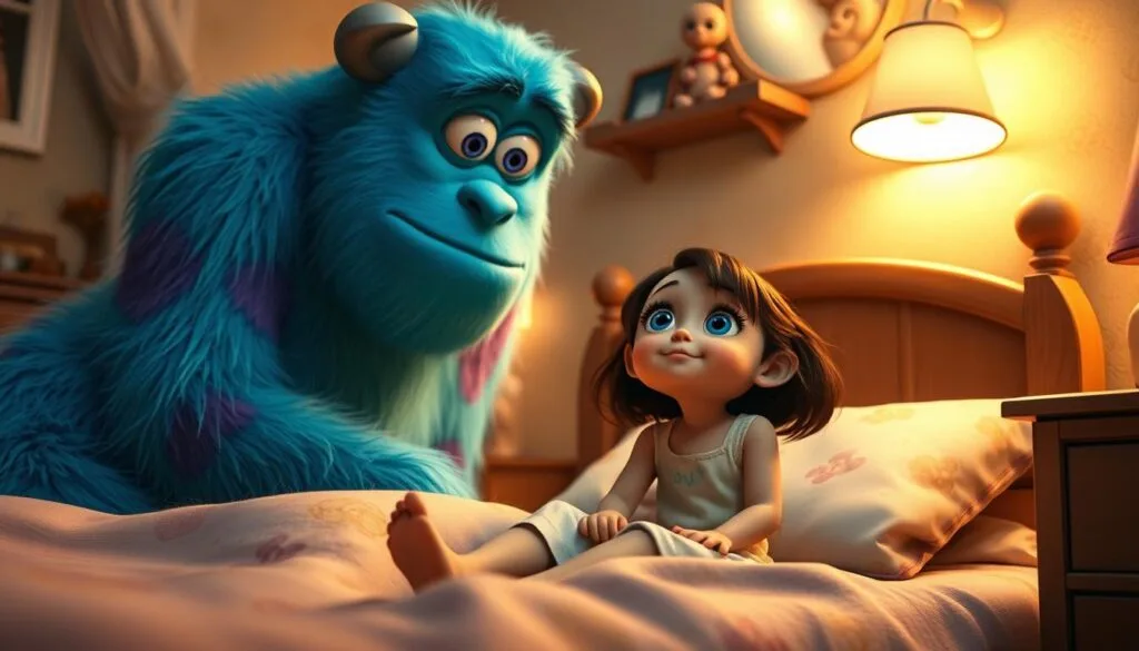 A warm, cozy bedroom scene with Boo, a young girl, sitting on the bed, her eyes wide with wonder as she gazes up at Sulley, a large, furry blue monster, who is leaning in towards her, a gentle, reassuring expression on his face. The room is softly lit, with a magical ambiance, hinting at the unique bond between the two characters. Boo's bedsheets are patterned with playful, whimsical designs, and Sulley's fur appears soft and plush. The overall mood is one of comfort, trust, and the special connection between a child and her monstrous friend.