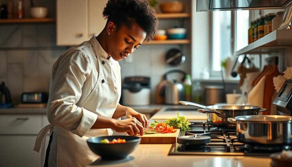 A warm, cozy kitchen scene featuring Sydney Adamu, a talented young chef, skillfully preparing a delectable dish. The foreground depicts Sydney, dressed in a crisp white apron, chopping fresh ingredients with precision on a wooden cutting board. Indirect lighting casts a soft, golden glow, creating an inviting atmosphere. In the middle ground, various pots and pans simmer on the stove, emitting tantalizing aromas. The background showcases a well-equipped kitchen, with gleaming appliances, colorful spice jars, and a window allowing natural light to filter in, illuminating the entire space. The overall composition conveys a sense of Sydney's passion for cooking, as well as the comforting ambiance of a vibrant, homely kitchen. A warm, cozy kitchen scene featuring Sydney Adamu, a talented young chef, skillfully preparing a delectable dish. The foreground depicts Sydney, dressed in a crisp white apron, chopping fresh ingredients with precision on a wooden cutting board. Indirect lighting casts a soft, golden glow, creating an inviting atmosphere. In the middle ground, various pots and pans simmer on the stove, emitting tantalizing aromas. The background showcases a well-equipped kitchen, with gleaming appliances, colorful spice jars, and a window allowing natural light to filter in, illuminating the entire space. The overall composition conveys a sense of Sydney's passion for cooking, as well as the comforting ambiance of a vibrant, homely kitchen.